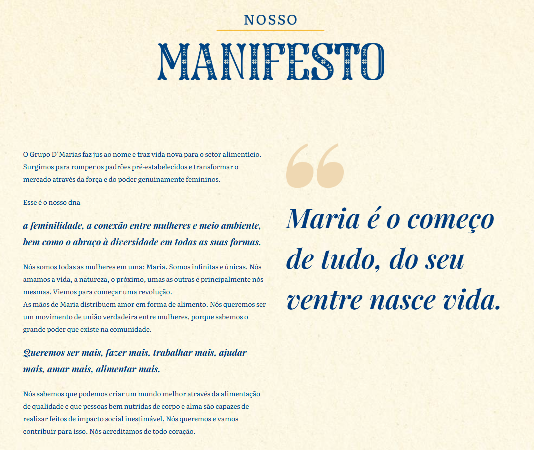 Manifesto do Grupo D'Marias sobre feminilidade, conexão entre mulheres, diversidade e alimentação saudável.
