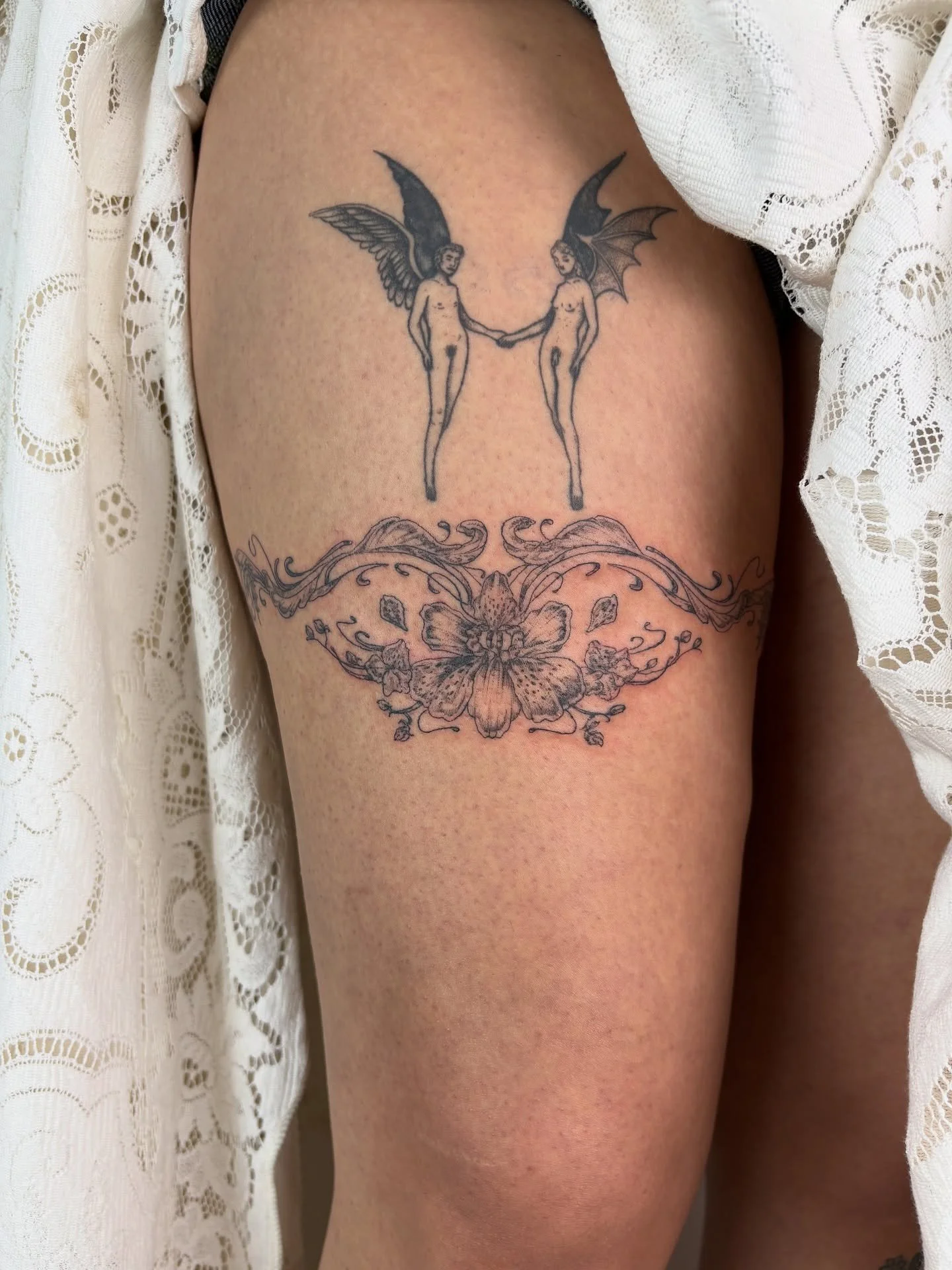 Flash piece garter style 🥀

More to be added in the future x
Angels not by me x

Still away till October - DMs will slowly be replied to as &amp; when I can! Thankyou for waiting 🪽

#tat #tatt #tattoo #tattoos #botanical #botanicaltattoo #botanical