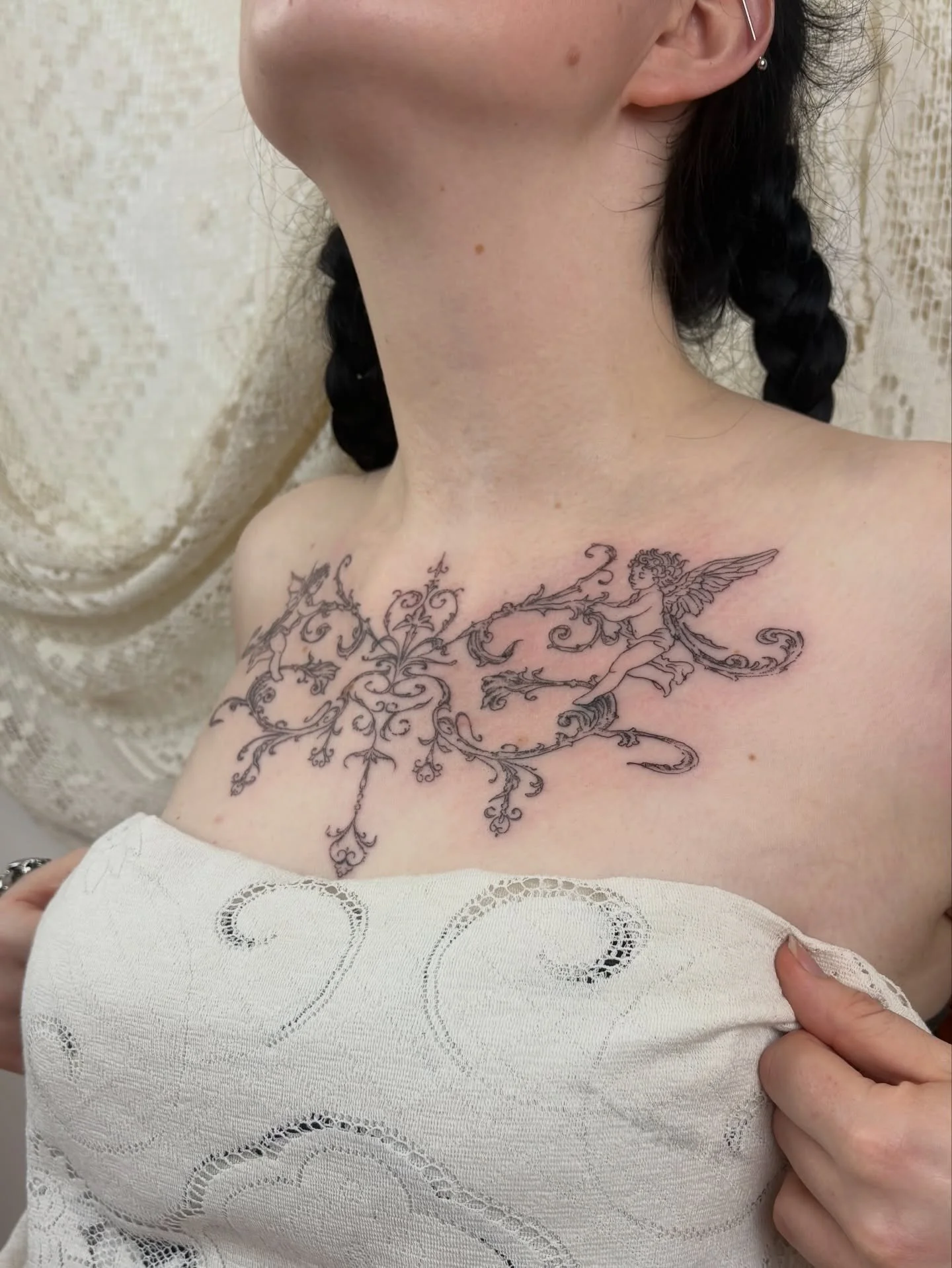 Free rein on this custom chest piece &amp; so happy with how it turned out, using iron work, cherubs &amp; dripping jewels x

Summer waitlist is still closed,
&amp; will reopen at a later date after returning from maternity leave x

🦋 Healed photo c