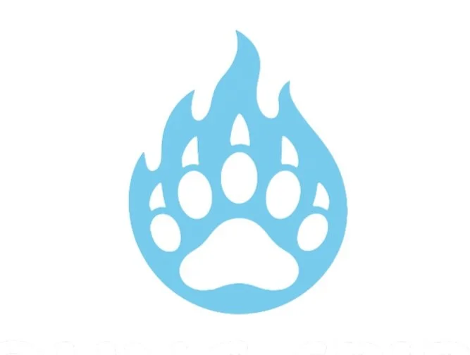 Blue flame shaped like a bear paw print symbol on a white background.