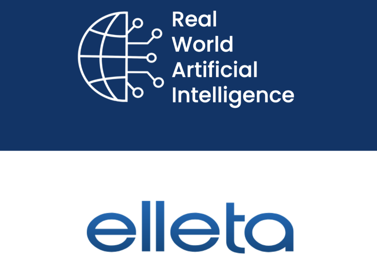 Logo mit Globus und Verbindungen, Text: "Real World Artificial Intelligence", darunter das Wort "elleta".