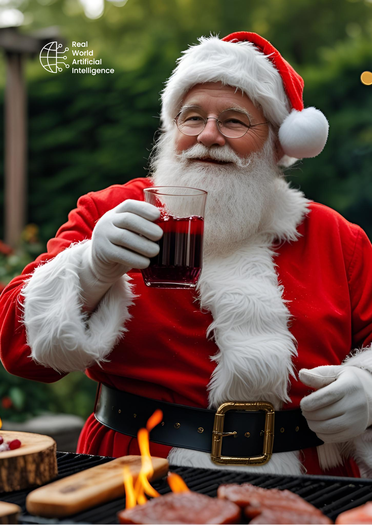 Weihnachtsmann in rotem Anzug und Weihnachtsmütze, der ein Glas roten Saft hält, beim Grillen im Garten, im Hintergrund grüne Bäume.