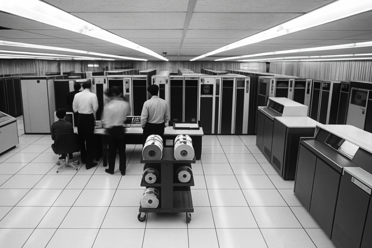 View into a large, well-lit room with several computers and technology, presumably a surveillance or control room, with five people working or standing in front of the computers.