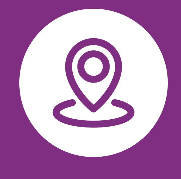 Symbol eines Standort- oder GPS-Icons in lila auf weißem Hintergrund