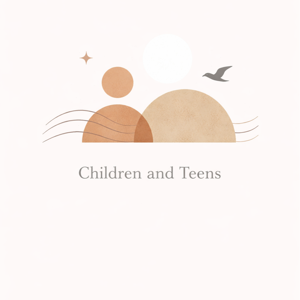 Minimalist abstract illustration of a sun, moon, star, and a bird with the text "Children and Teens" beneath.