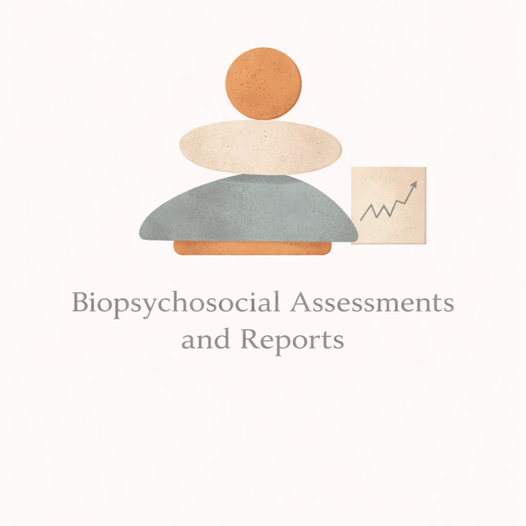Abstract illustration of balanced shapes with rising graph, with text 'Biopsychosocial Assessments and Reports'.