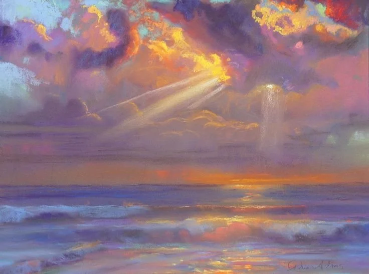 A colorful painting of a sunset over the ocean, with vibrant clouds in shades of purple, pink, yellow, and orange reflecting on the water