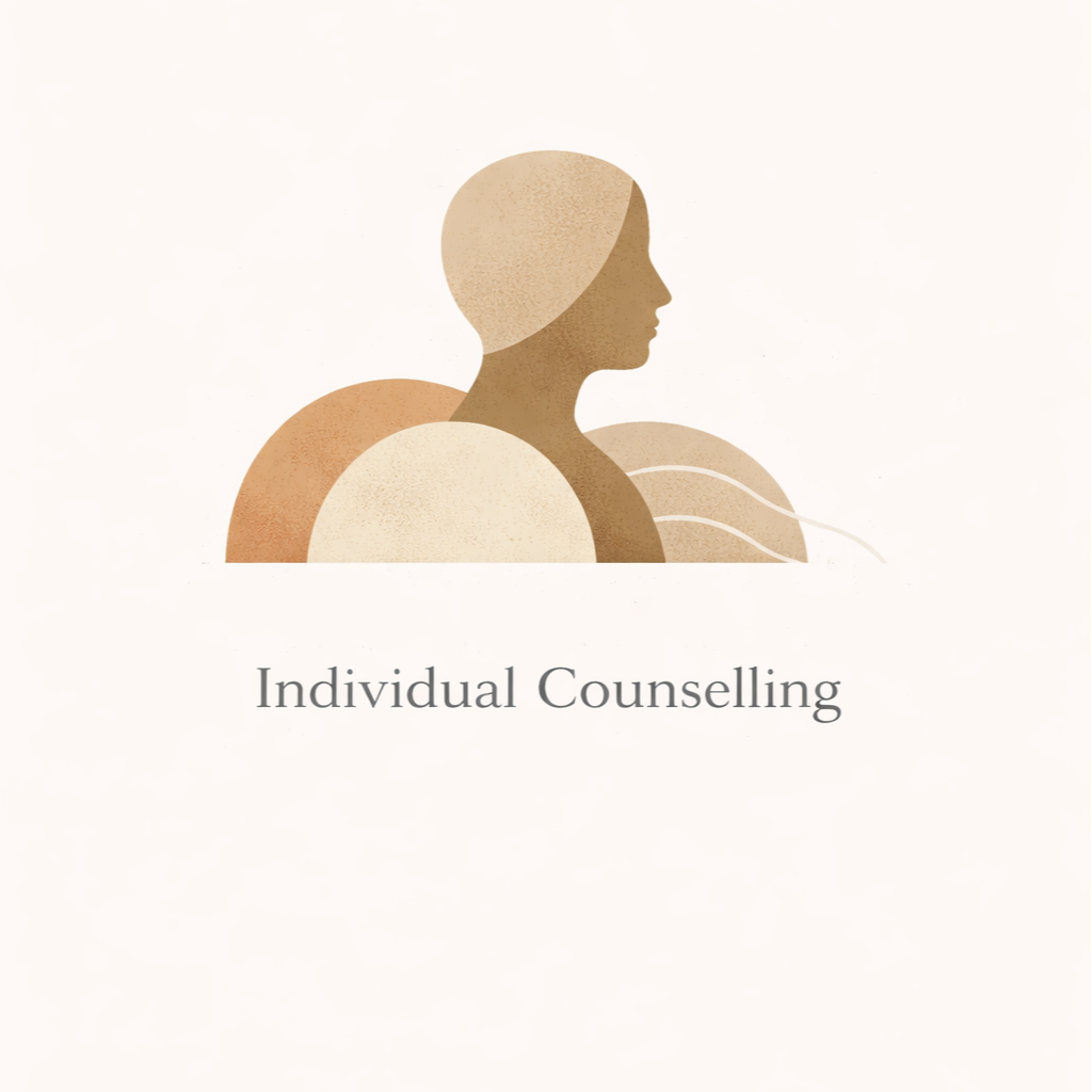 Minimalist illustration of a woman's profile with abstract circular shapes and the text 'Individual Counselling' underneath.