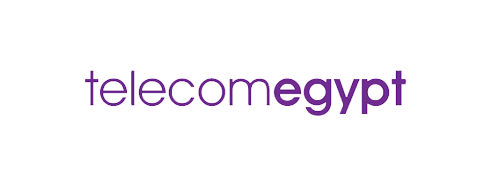 Logo of Telecom Egypt with purple text on a black background.