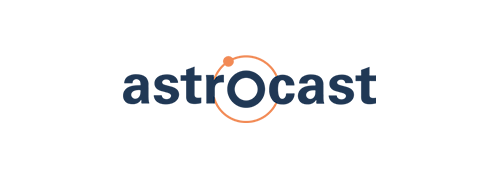 Logo for Astromcast with the word 'astrocast' in lowercase letters and an orange orbit circle around the letter 'o'.