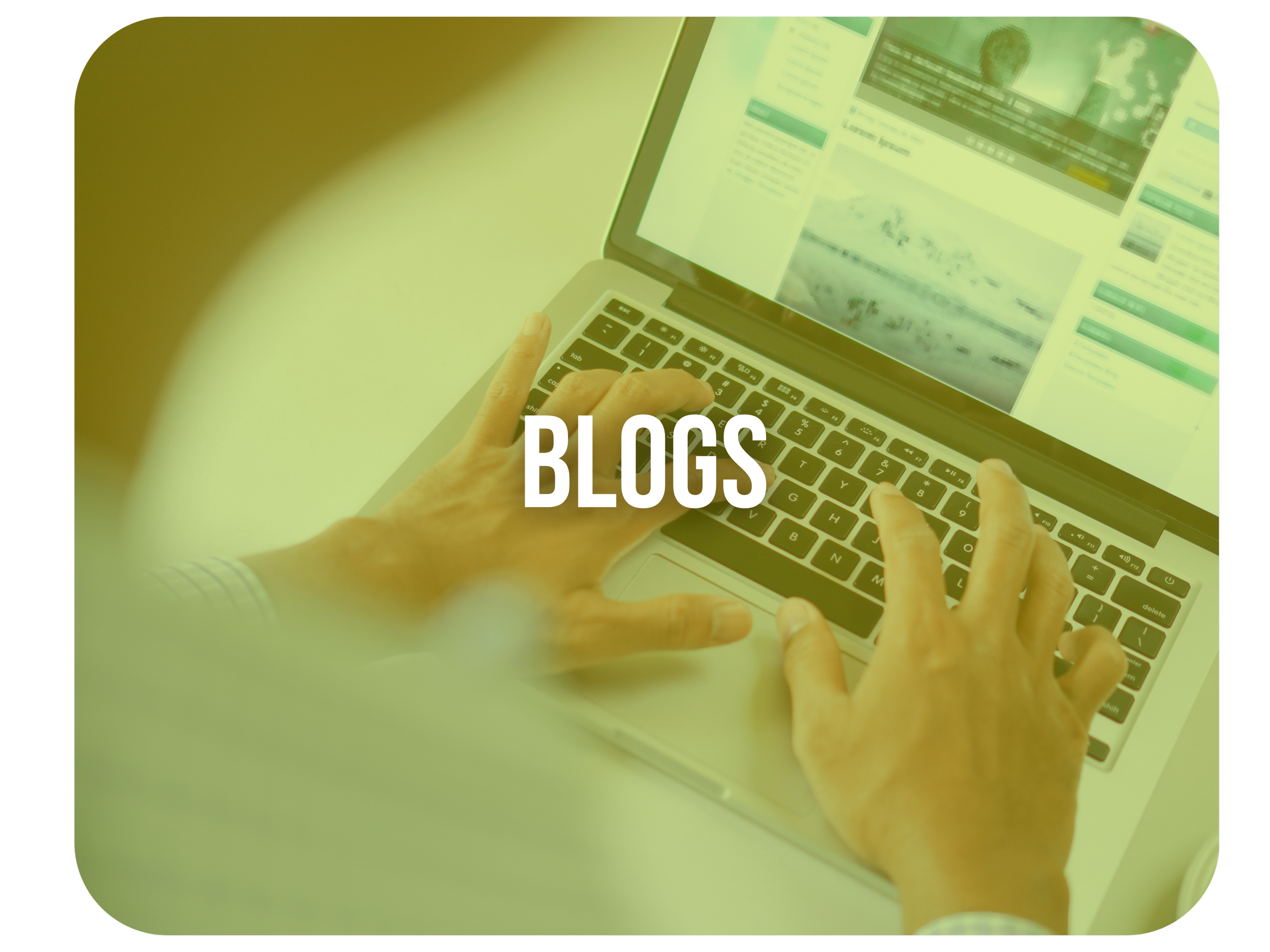 Close-up of hands typing on a laptop keyboard with a website or dashboard on the screen, with the word 'BLOGS' overlaid in white text.