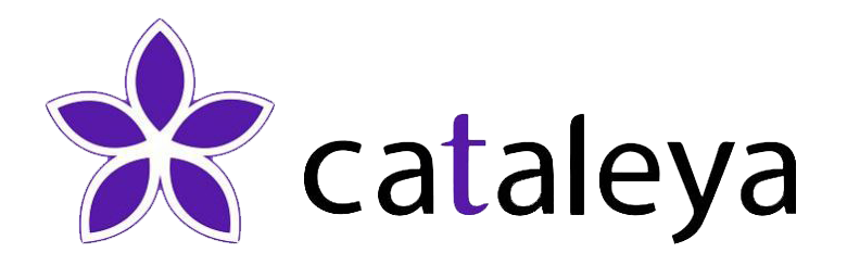Logo with purple flower and the text "cataleya" in black and purple.