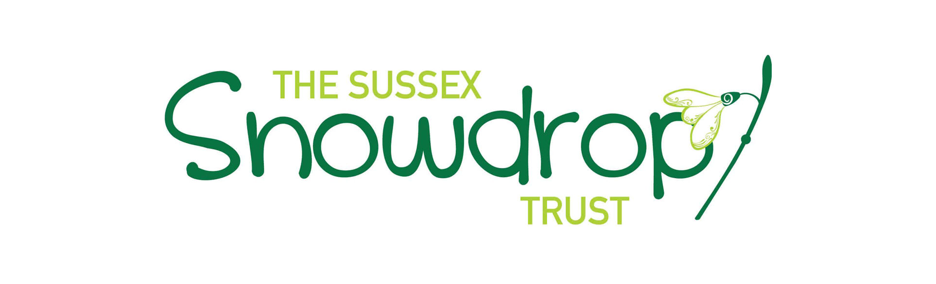 Logo for The Sussex Snowdrop Trust featuring green text, a snowdrop flower illustration, and a green and white color scheme.