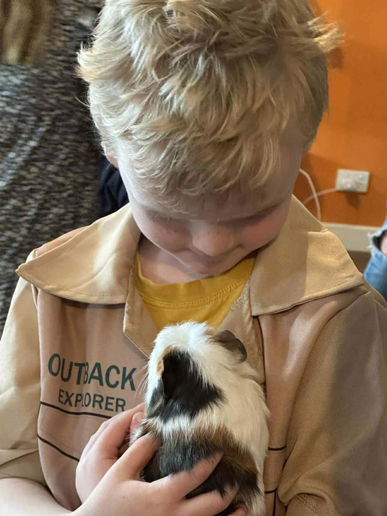 A young boy with blonde curly hair holds a small, black and white guinea pig. The boy is wearing a tan jacket with green text that reads 'OUTBACK EXPLORER'. The background shows an orange wall and part of a person wearing a face mask.
