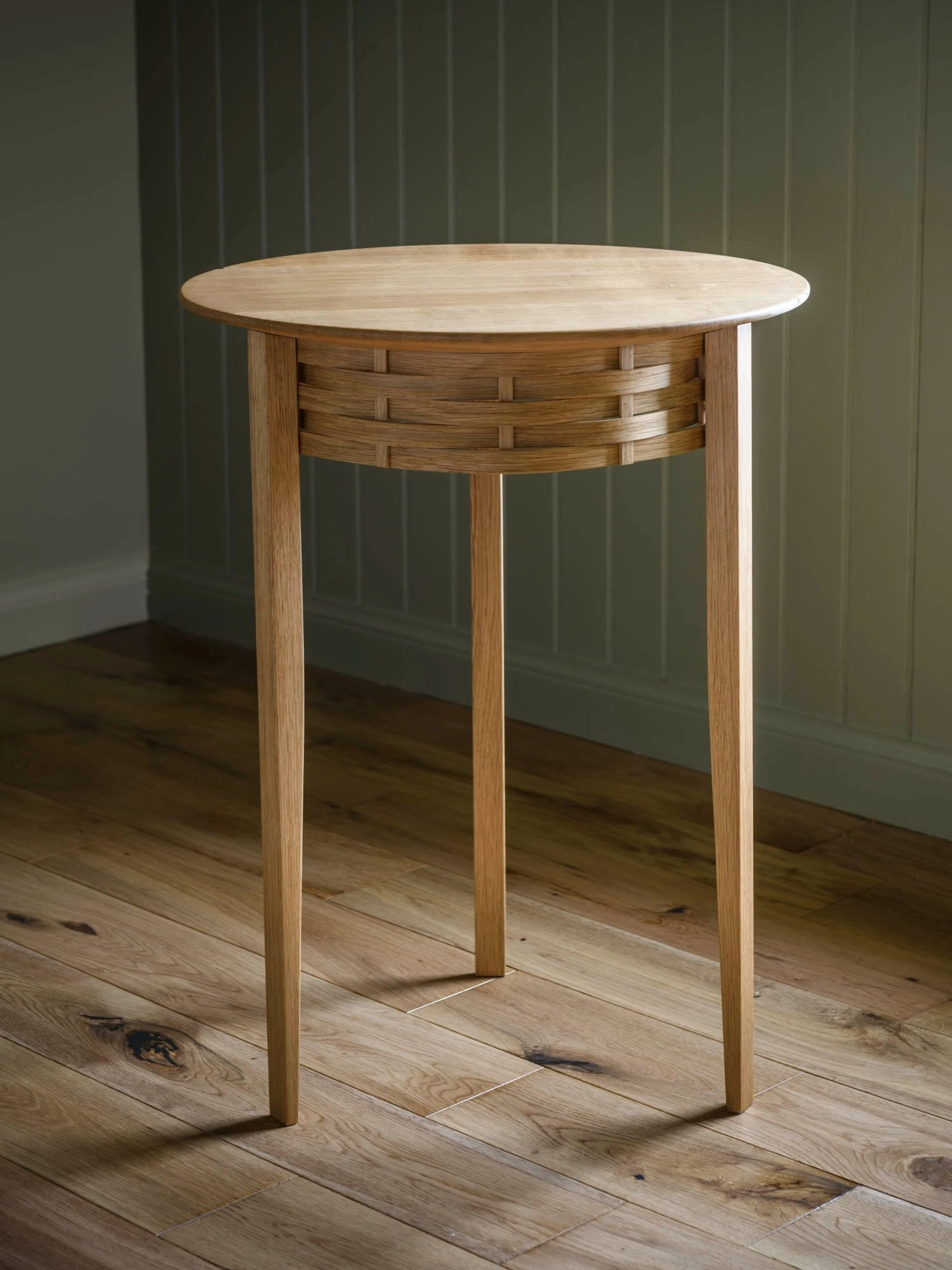 Handmade oak side table with woven feature