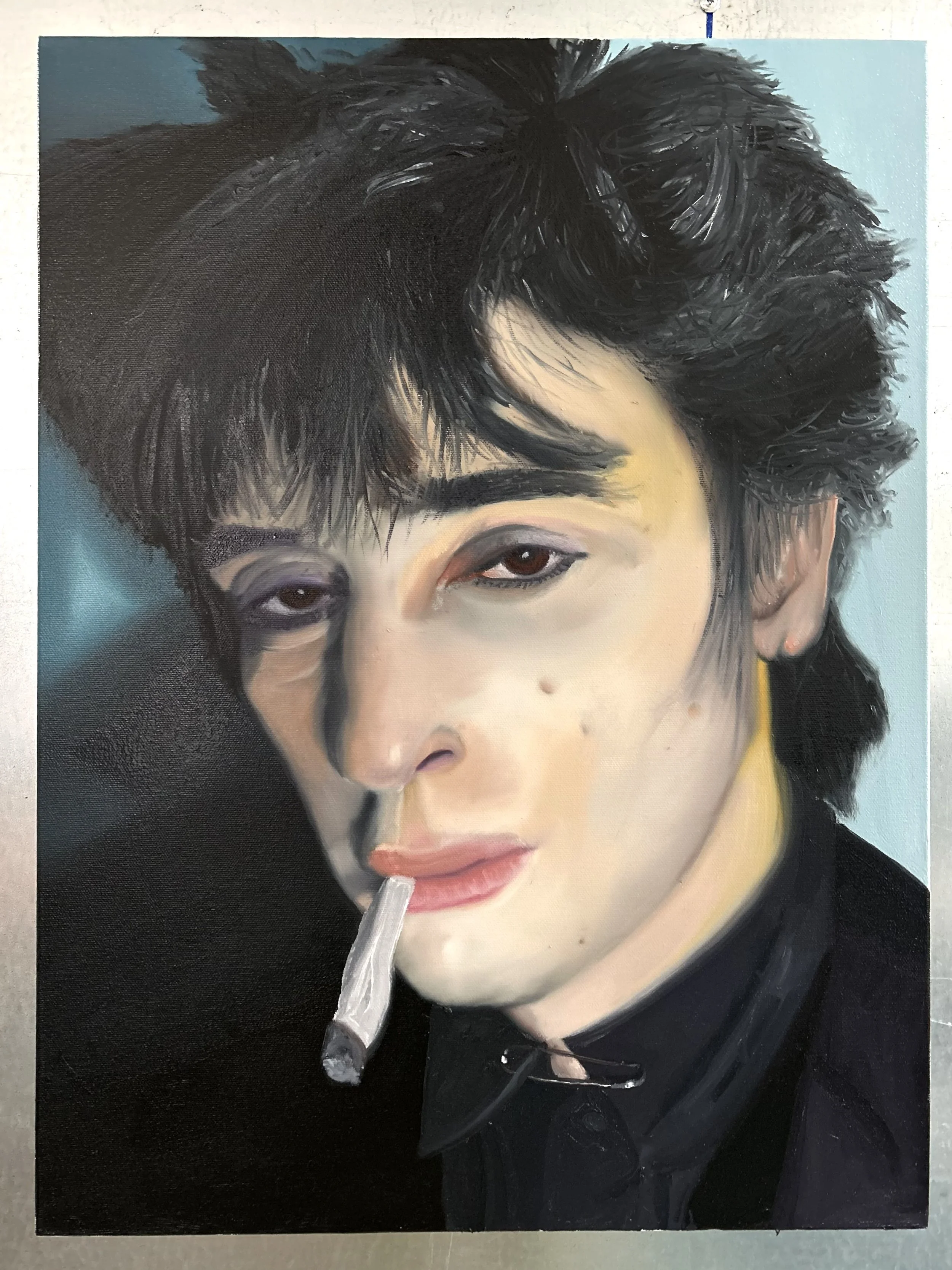Painting of a person with dark messy hair, partially closed eyes, wearing dark clothing, and smoking a cigarette.
