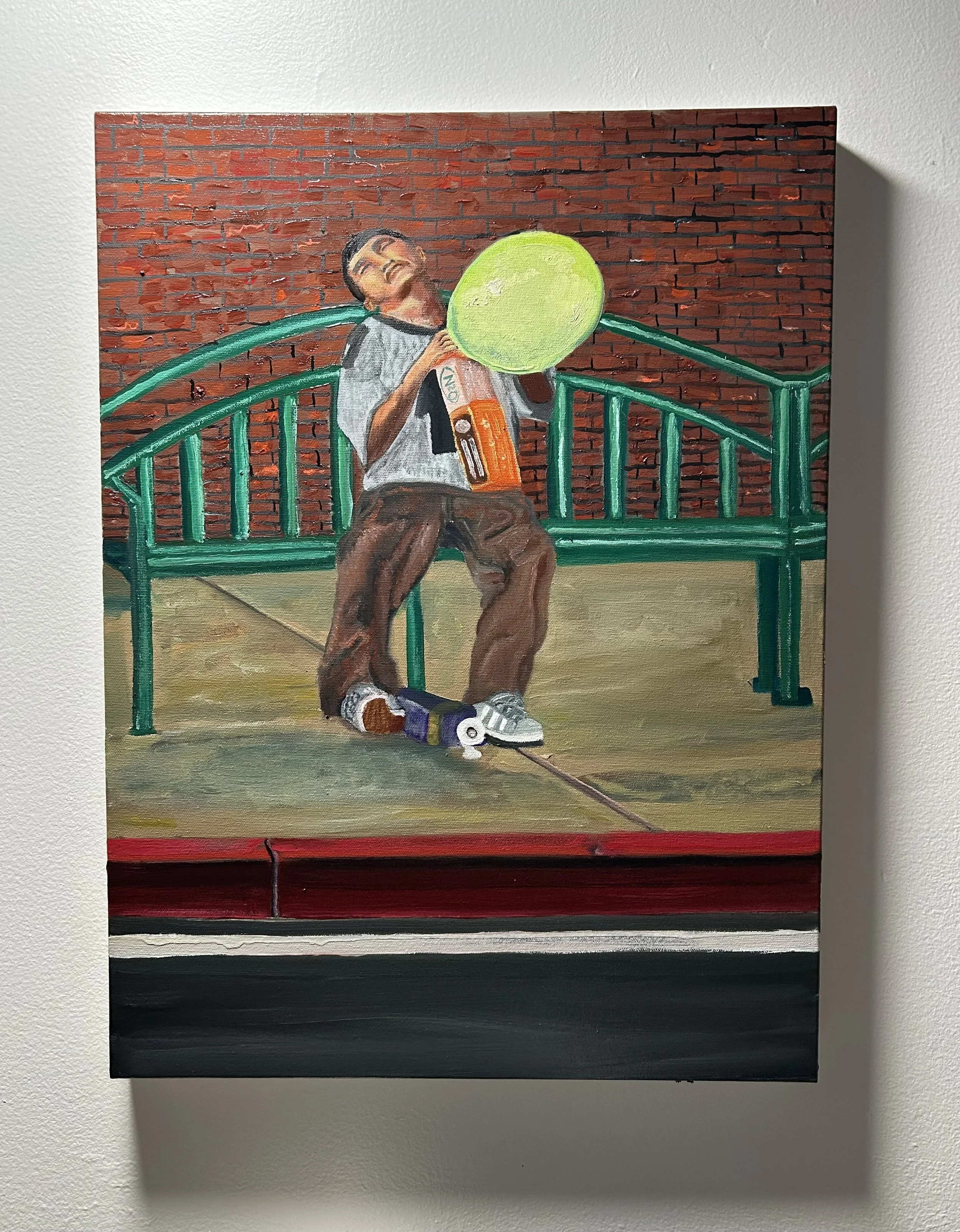 A painting of a boy sitting on a green park bench, holding a large tennis ball and a bottle of orange juice, with a brick wall background.