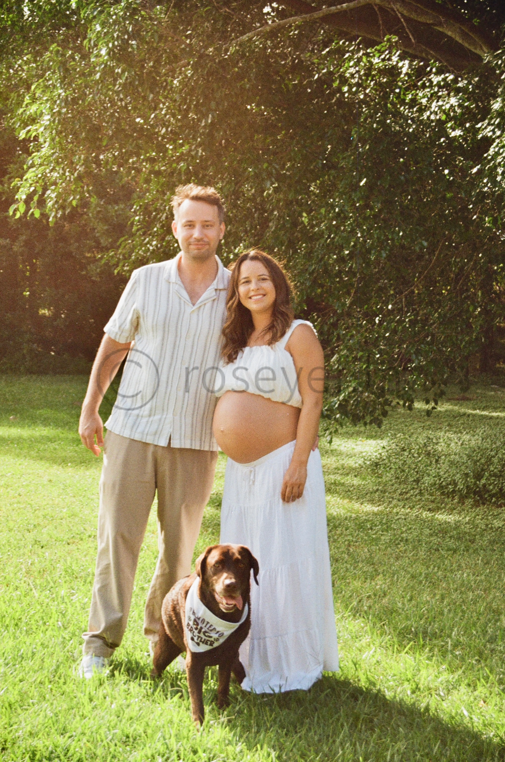 A pregnant woman with long brown hair smiling, standing next to a man with short hair, both in casual light-colored clothes, outdoors in front of green trees. A brown Labrador retriever wearing a bandana is in front of them.