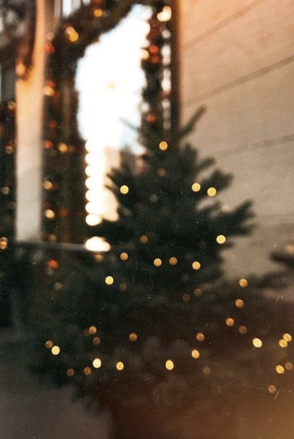 Blurred view of a Christmas tree with lights, seen through a window