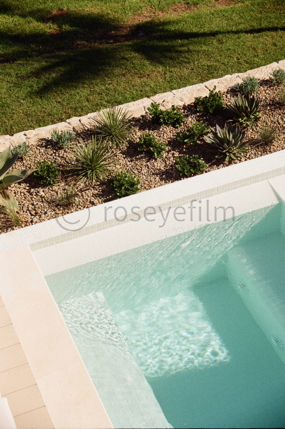 A corner of a swimming pool with light blue water next to a garden bed filled with desert plants and small rocks, bordered by a concrete edge.