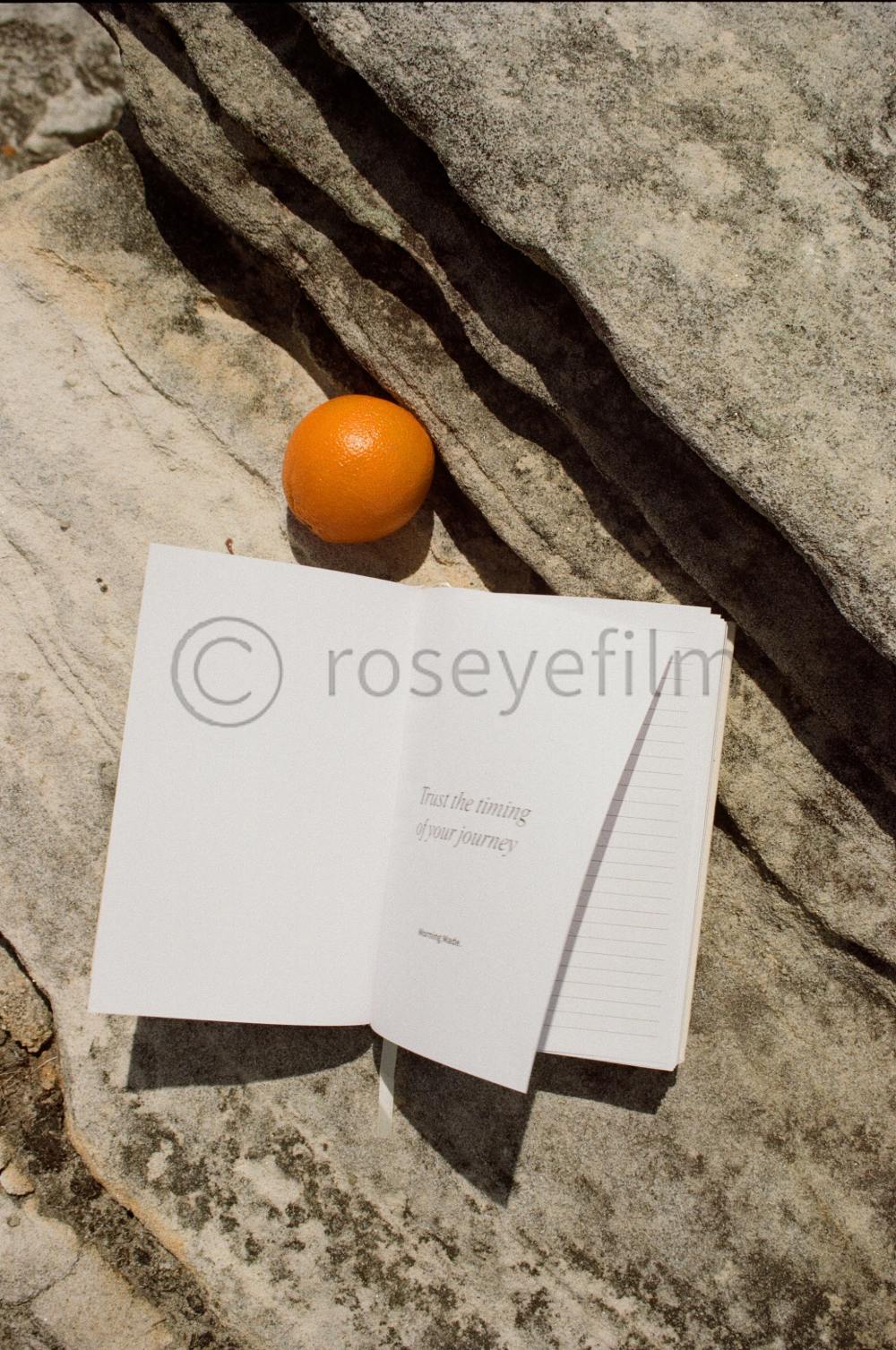 A small orange on a stone surface next to an open notebook with text reading 'Trust the timing of your journey' and a lined page, with rocks in the background.