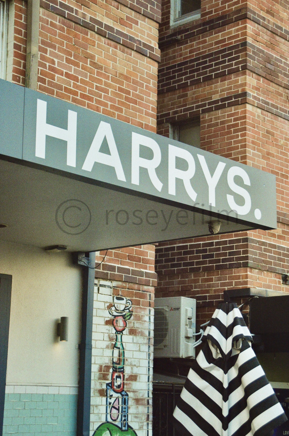 Close-up of a store sign reading 'HARRYS' against a brick building, with sidewalk art and a zebra-striped umbrella in the foreground.