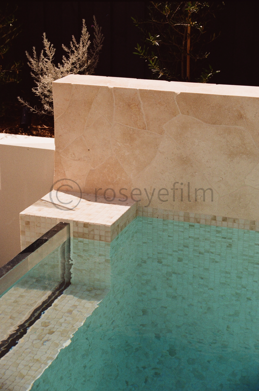 Close-up of a swimming pool with a stone wall backdrop and some bushes in the background at night.