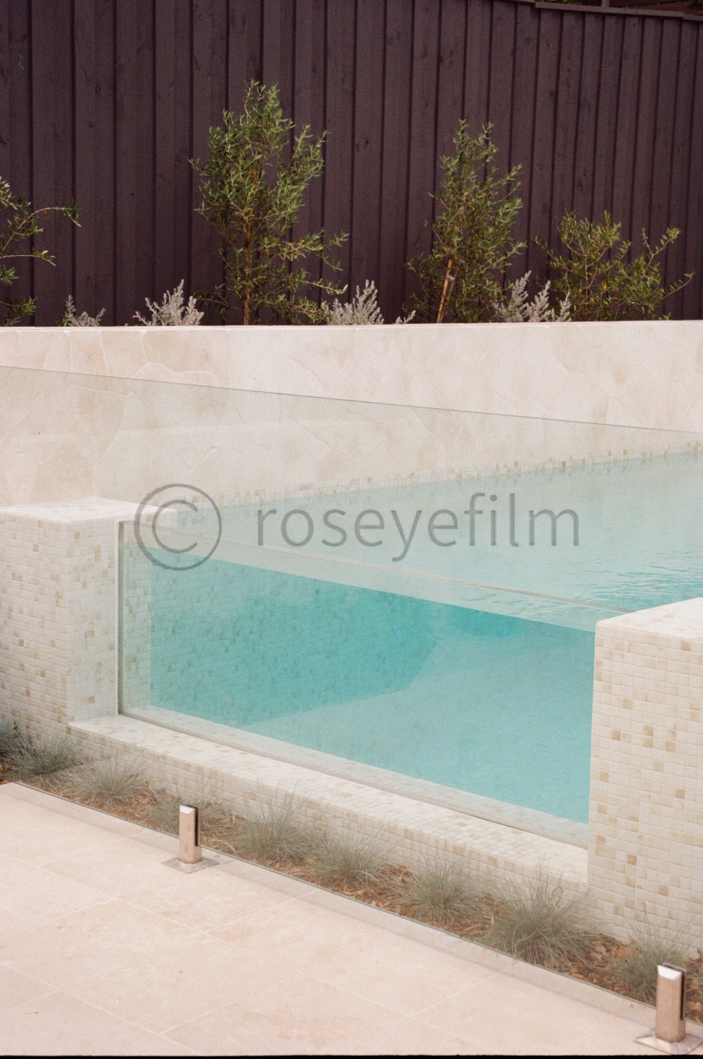 A modern swimming pool with a tiled edge, surrounded by beige stone tiles, and a dark wooden fence with green plants in the background.