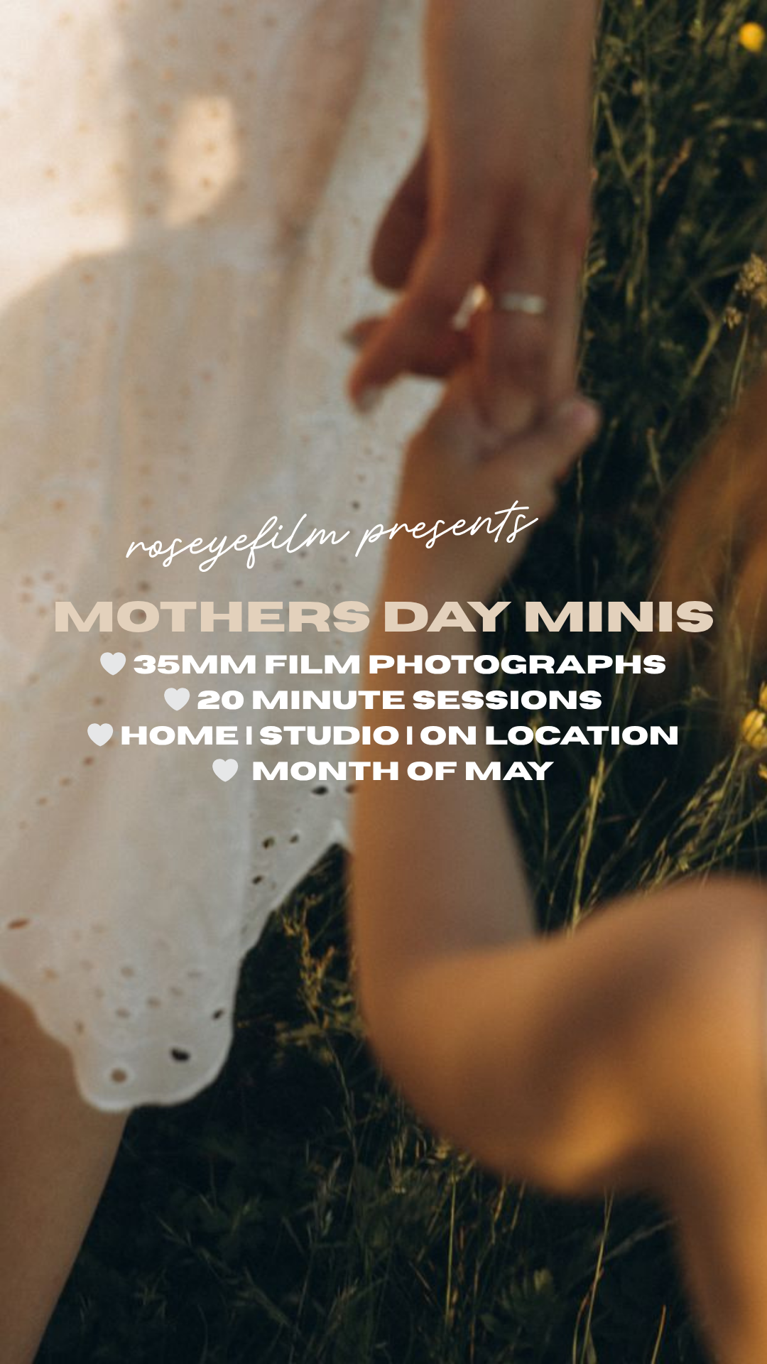 A promotional poster for Mother's Day mini photography sessions featuring a close-up of two hands holding, with text overlay details about the sessions.