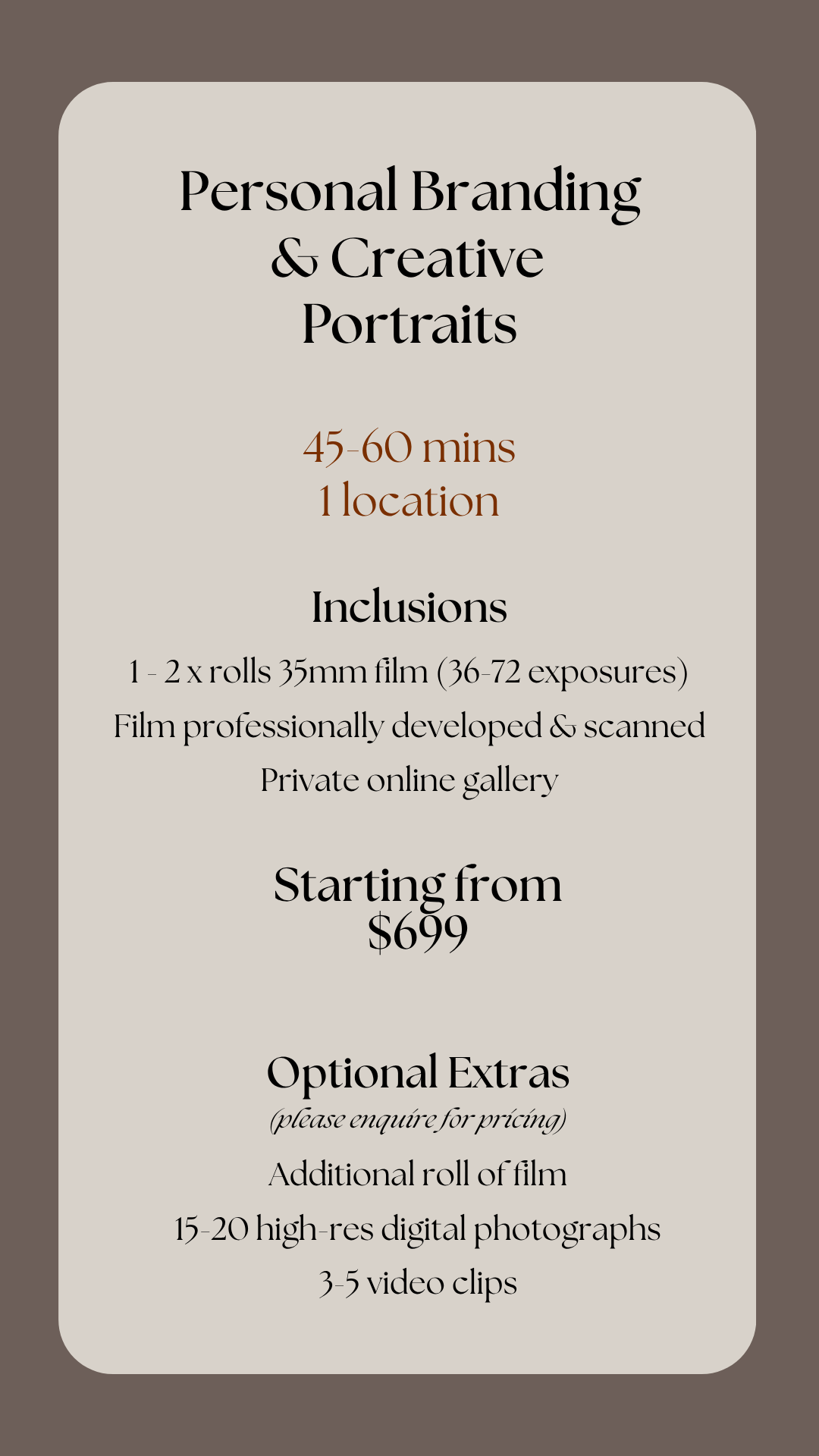 Information about personal branding and creative portraits, including session duration, location, inclusions such as film rolls, free gallery, starting price, and optional extras like additional film, high-res photographs, and video clips.