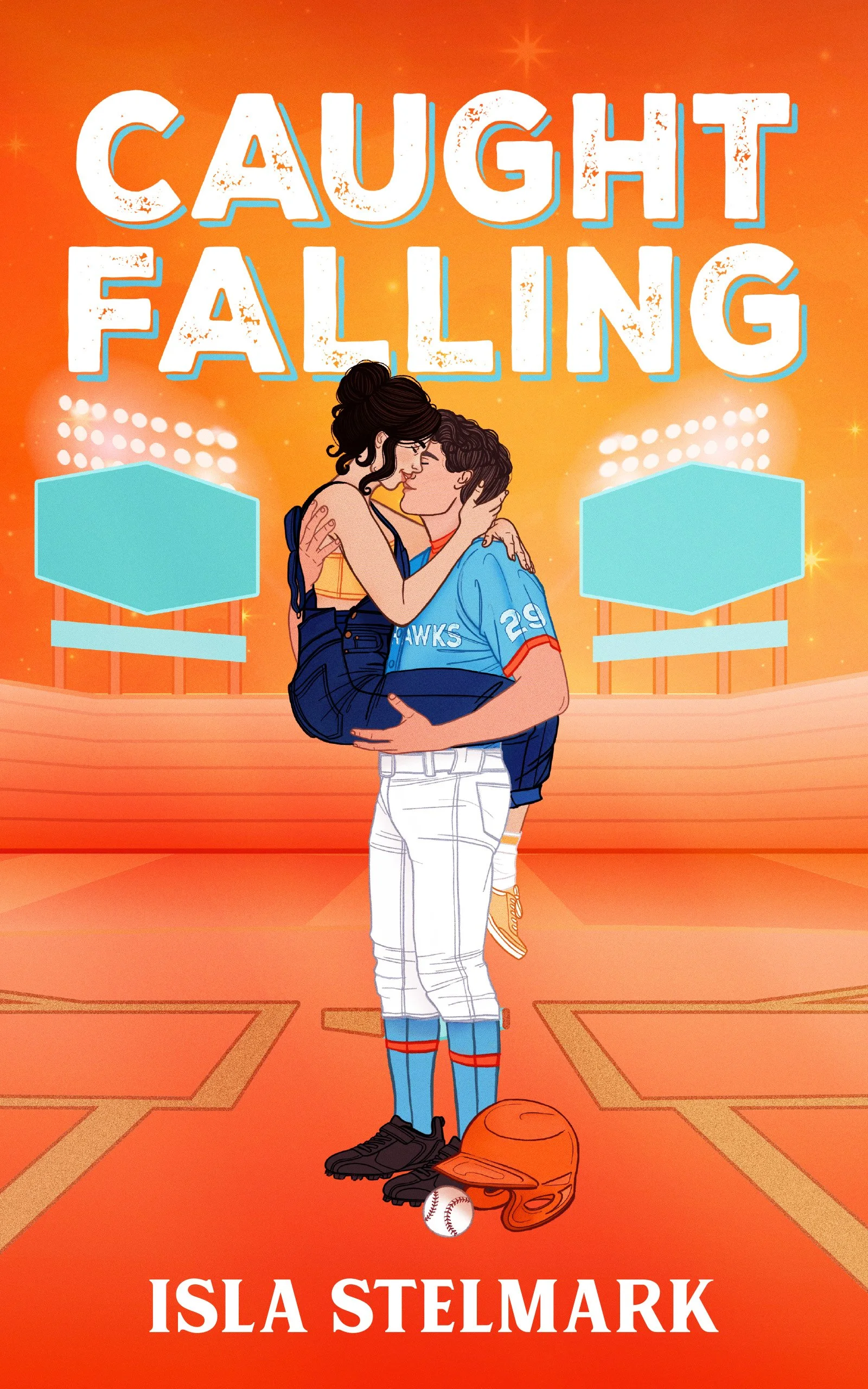 Book cover titled 'Caught Falling' by Isla Stelmark, a sports romance featuring an illustration of a couple in an near kiss under a baseball field lights