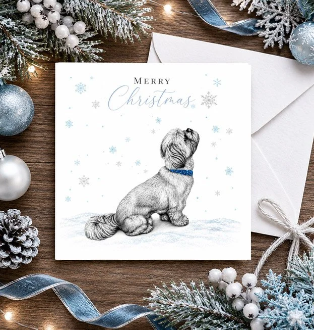 Shih Tzu Christmas card featuring original festive dog artwork by Matthew Lloyd Art