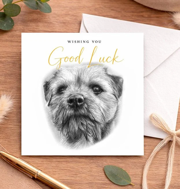 Hand-drawn wiry-haired dog featured on a square good luck greeting card