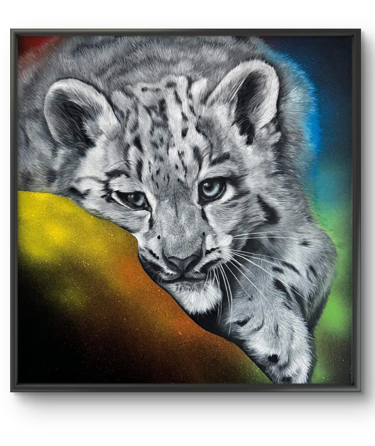 Happy new year. Well I&rsquo;ve been really busy already, this is my first painting of the year this lovely Snow Leopard. I have added the rainbow 🌈 into the fur to look as though the leopard is radiating colour. This is an acrylic on 20 x 20 inch c