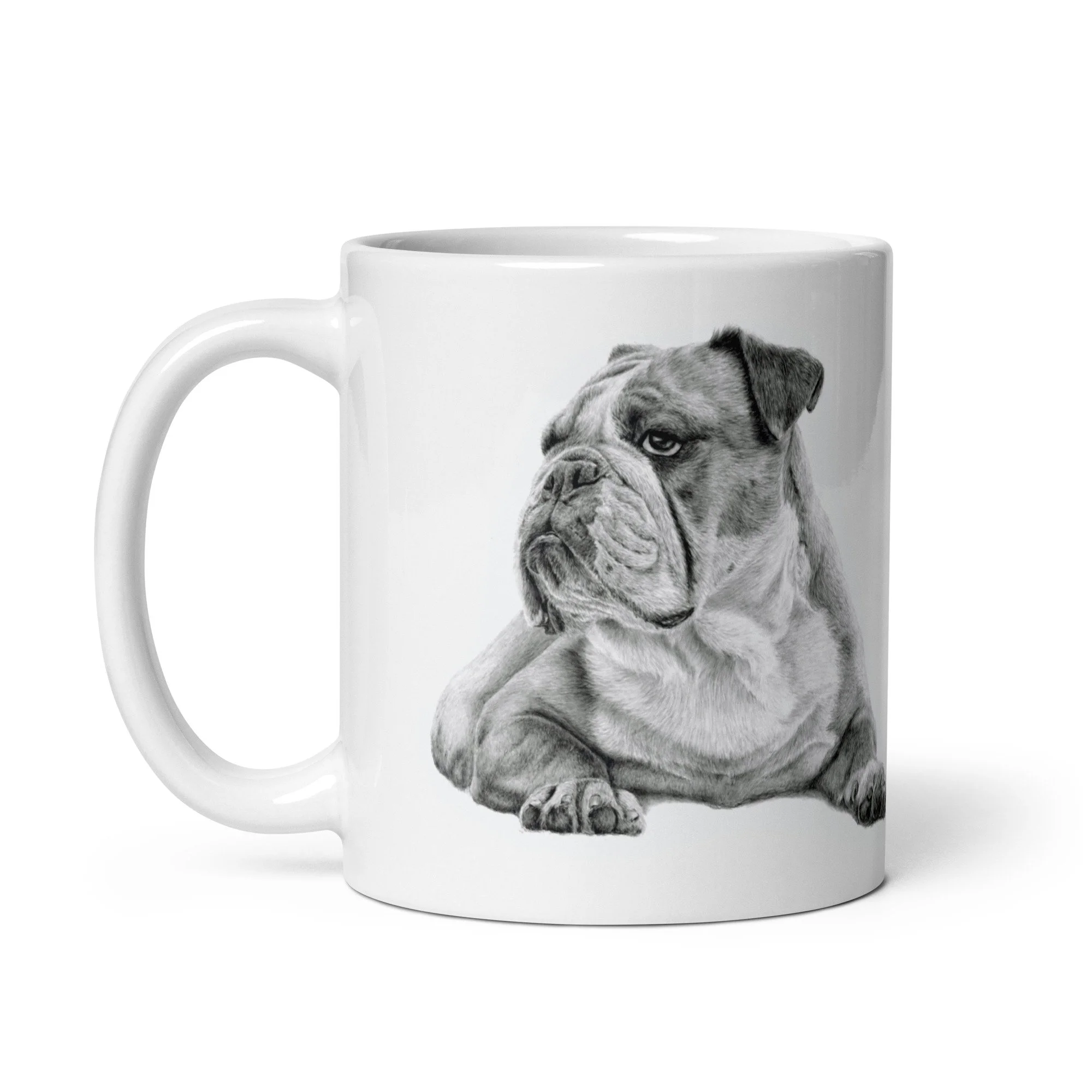 Glossy British Bulldog coffee mug with vivid dog artwork, dishwasher and microwave safe.