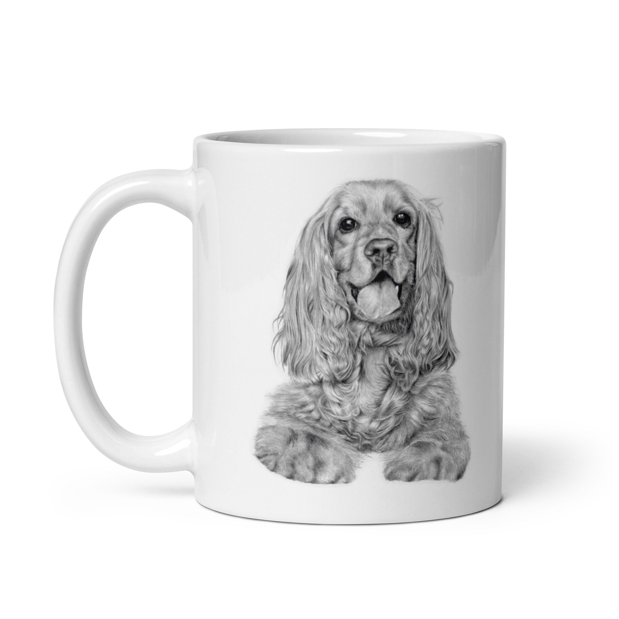 Glossy Cavalier King Charles Spaniel coffee mug with vivid dog artwork, dishwasher and microwave safe.