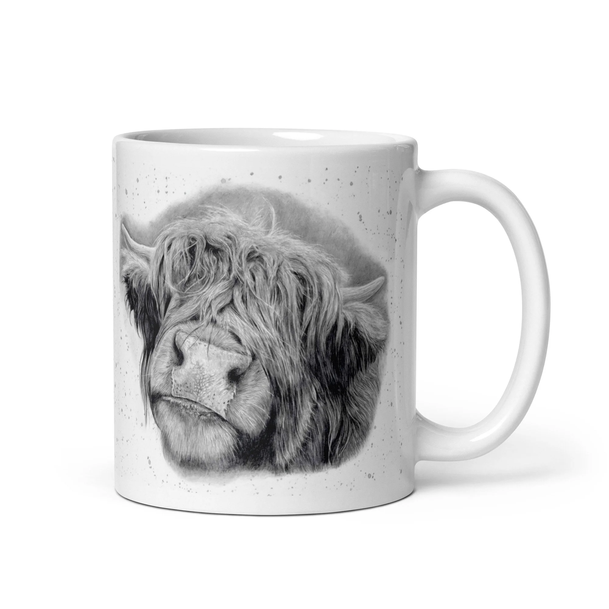 Highland Cow ceramic mug featuring original artwork by Matt Lloyd with a grey fleck background, shown from the front on a glossy white 11oz mug.