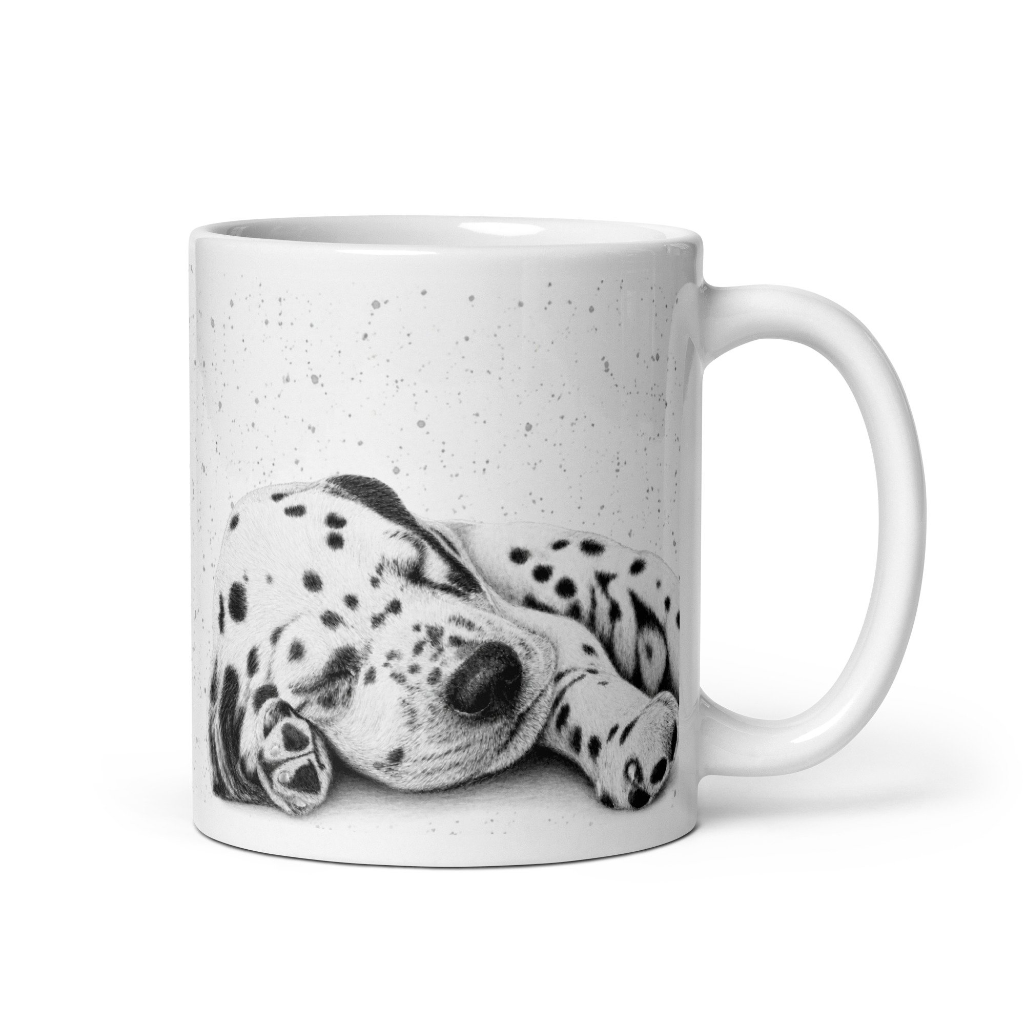 Sleeping Dalmatian puppy mug featuring original artwork by Matt Lloyd with a grey fleck background on a glossy white ceramic mug.