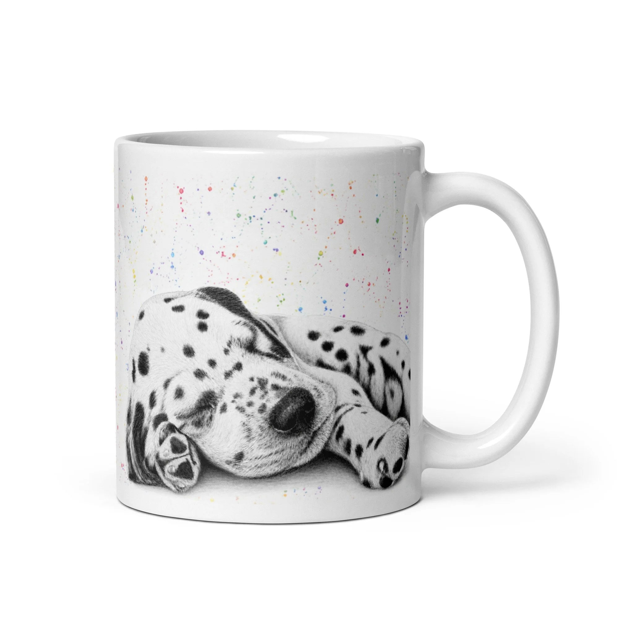 Sleeping Dalmatian puppy mug featuring original artwork by Matt Lloyd with a colourful fleck background on a glossy white ceramic mug.