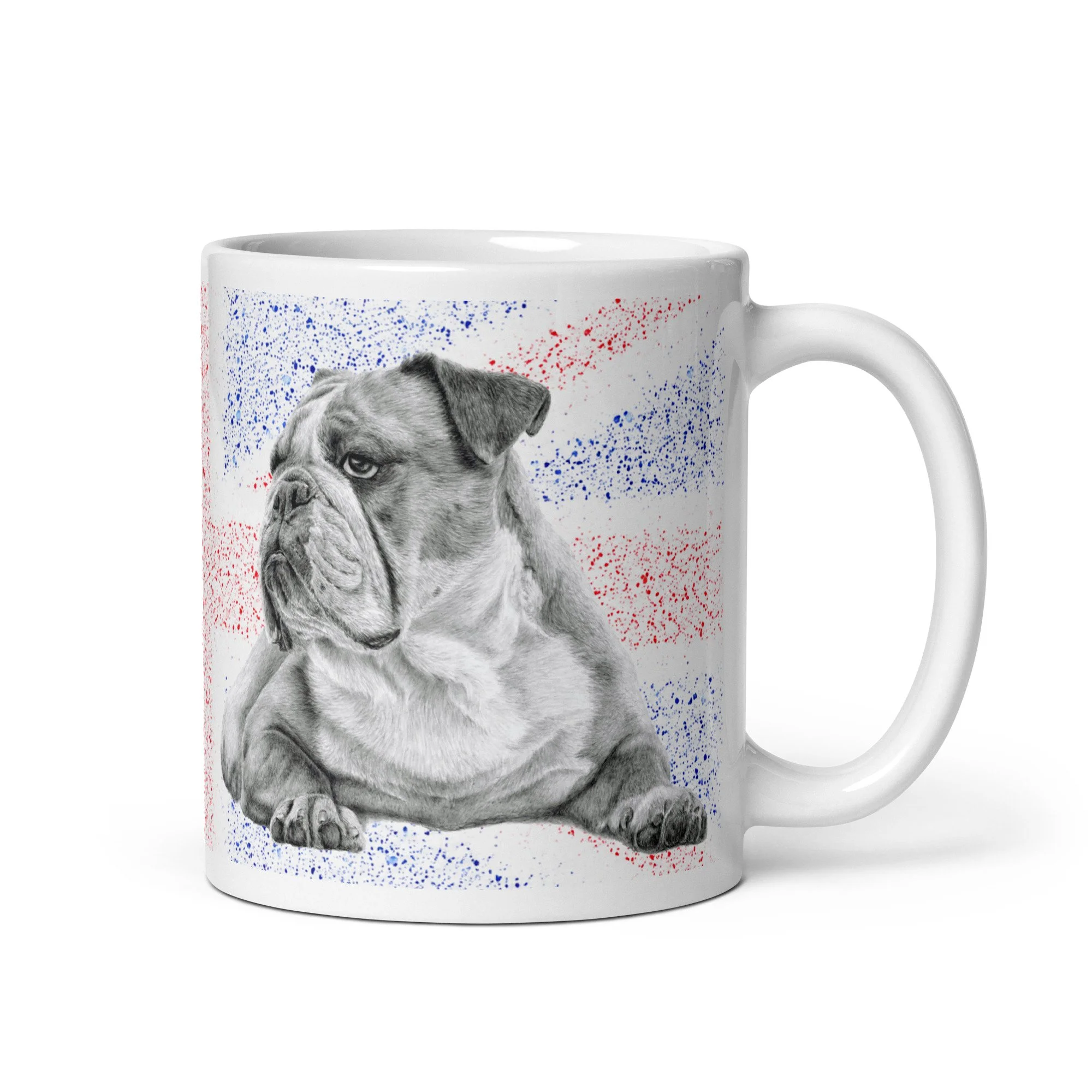 Original artwork mug featuring a British Bulldog against a Union Jack background by UK artist Matt Lloyd on an 11oz white ceramic mug.