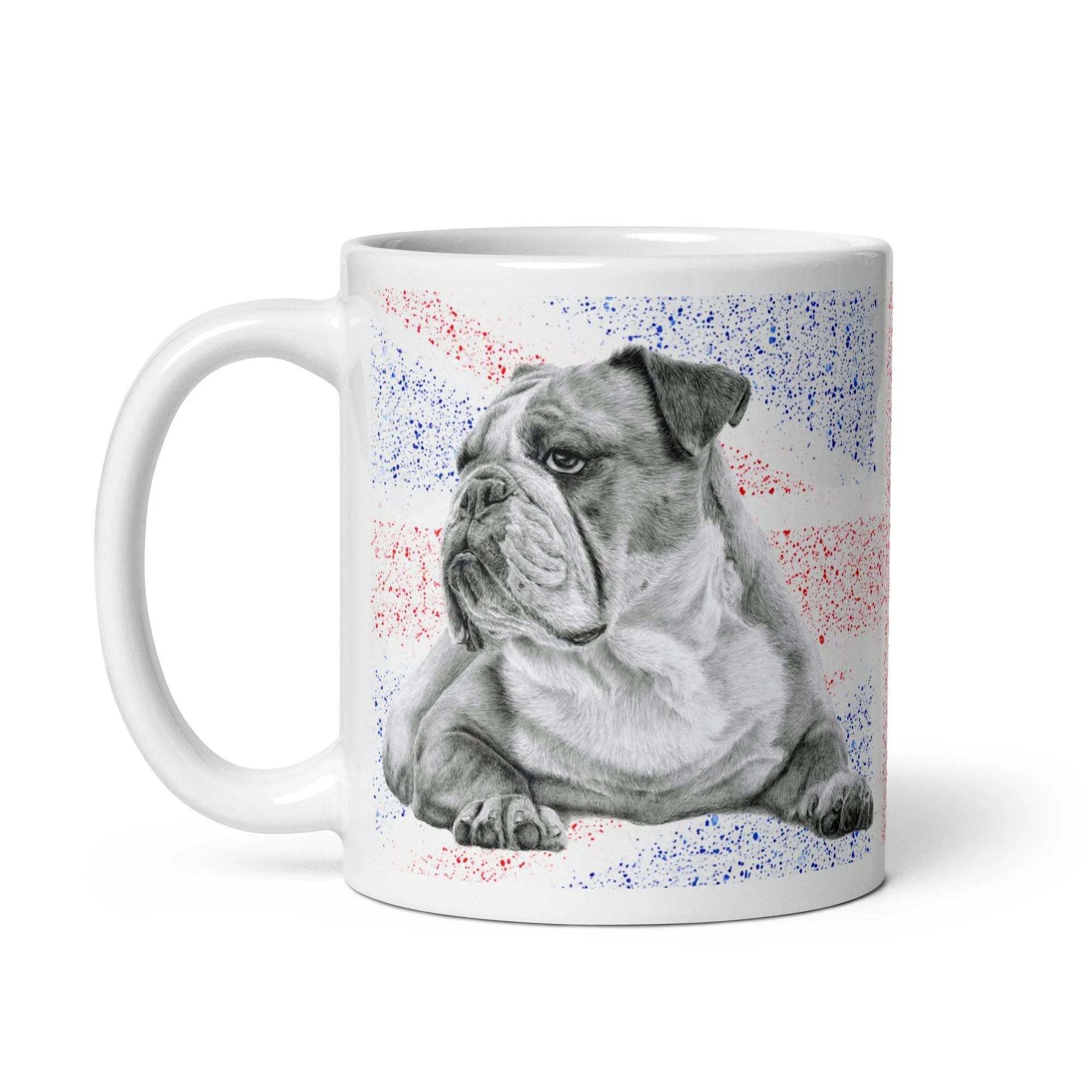 Original artwork mug featuring a British Bulldog against a Union Jack background by UK artist 11oz white ceramic mug.