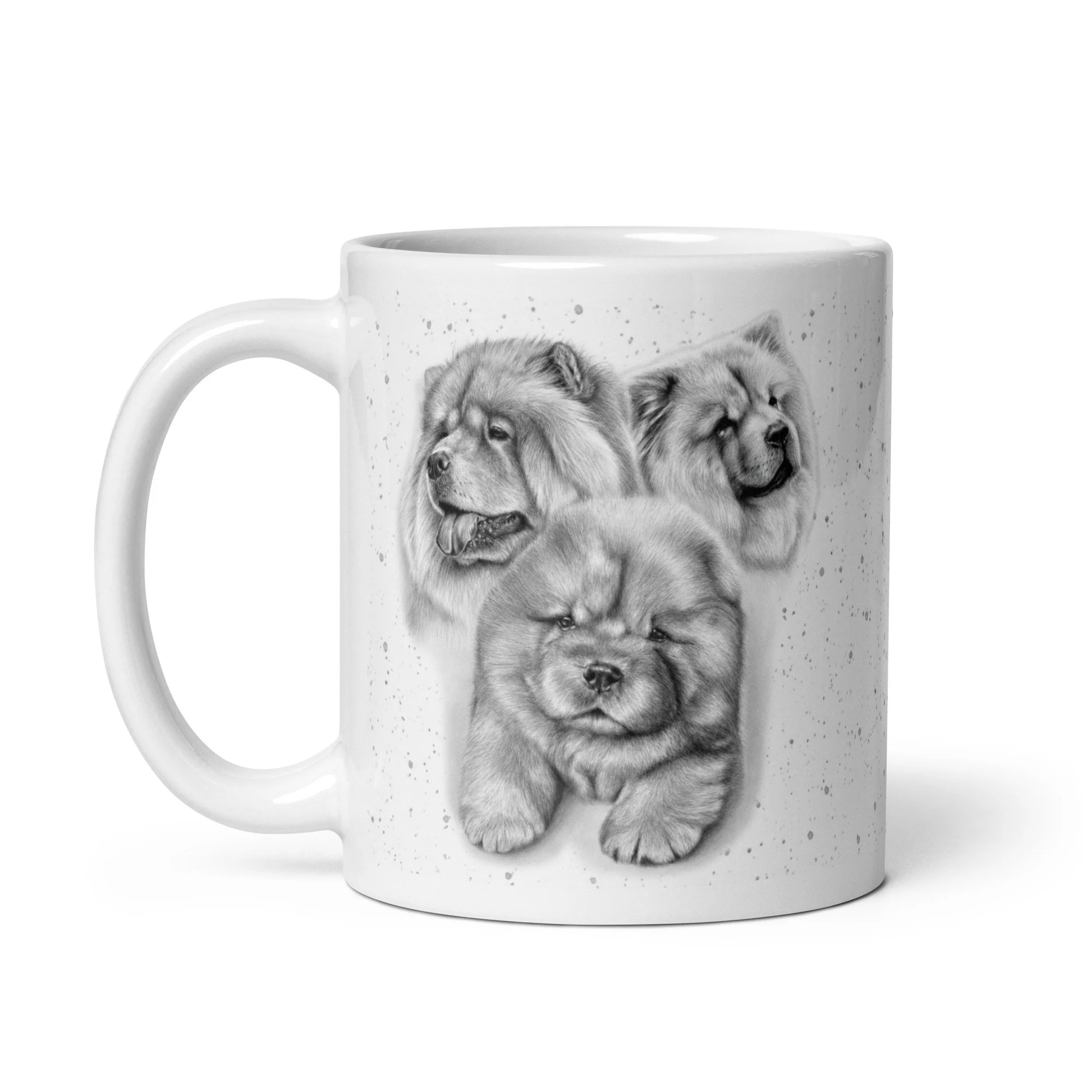 Illustrated Chow Chow dog mug with detailed artwork by Matt Lloyd on a glossy white ceramic coffee mug.