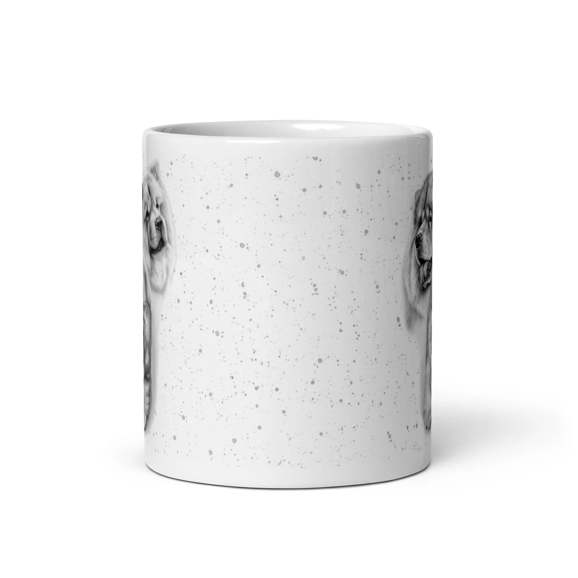 Premium ceramic mug showcasing a hand-drawn Chow Chow portrait by British artist Matt Lloyd, ideal for dog lovers.