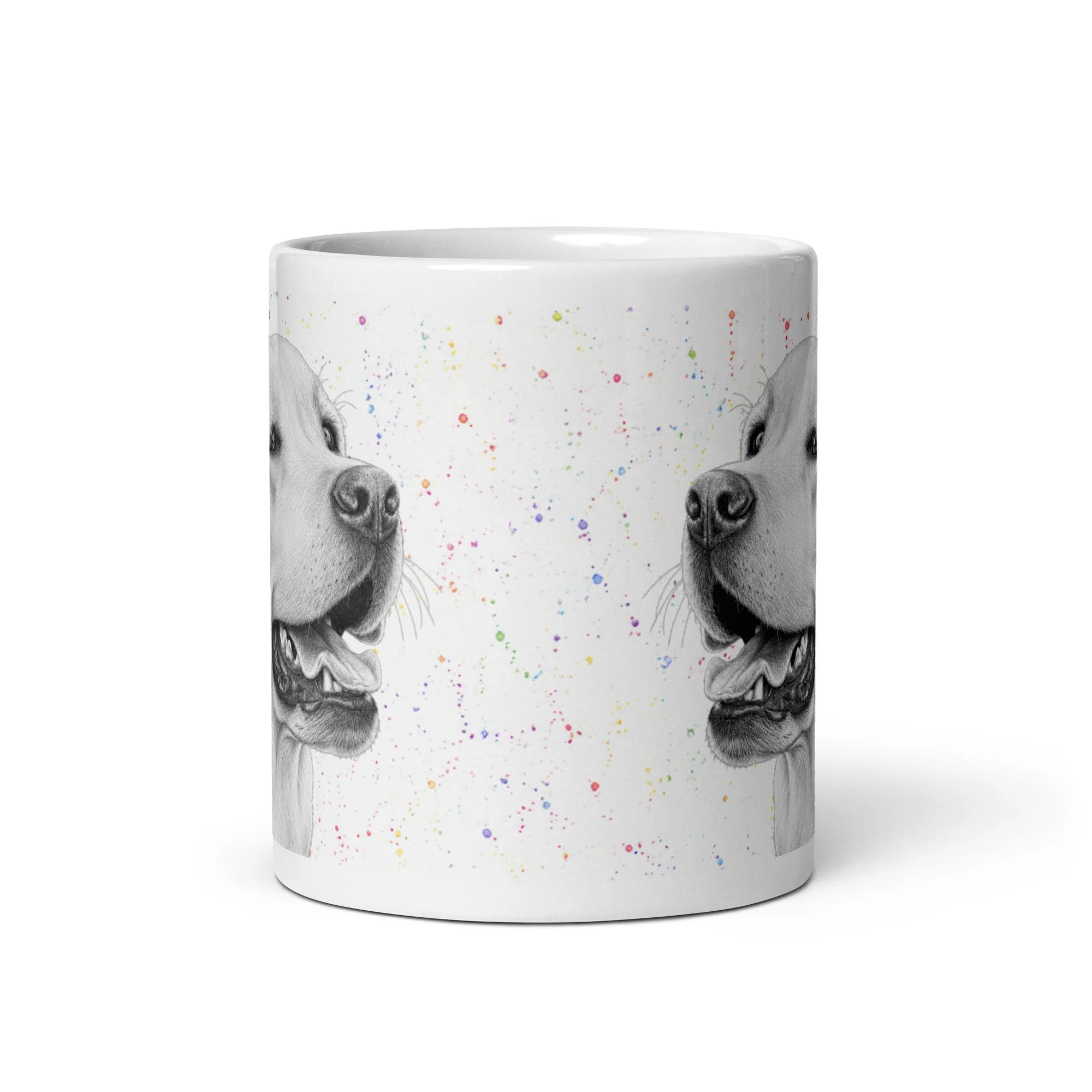 Premium coffee mug displaying a detailed Labrador portrait surrounded by vibrant colour flecks, illustrated by UK artist Matt Lloyd.