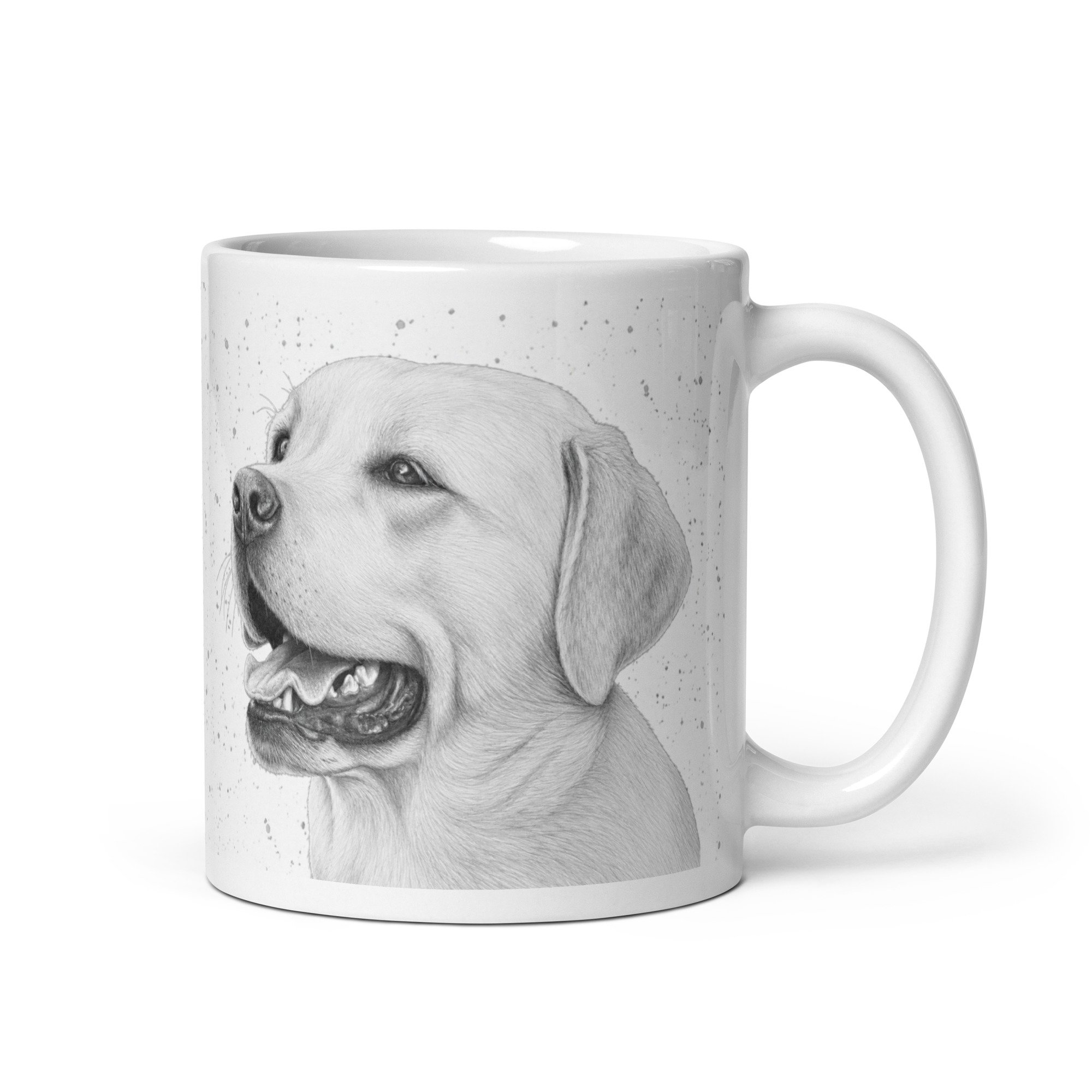 White ceramic mug featuring original Labrador artwork by Matthew Lloyd with a subtle grey fleck background and glossy finish.
