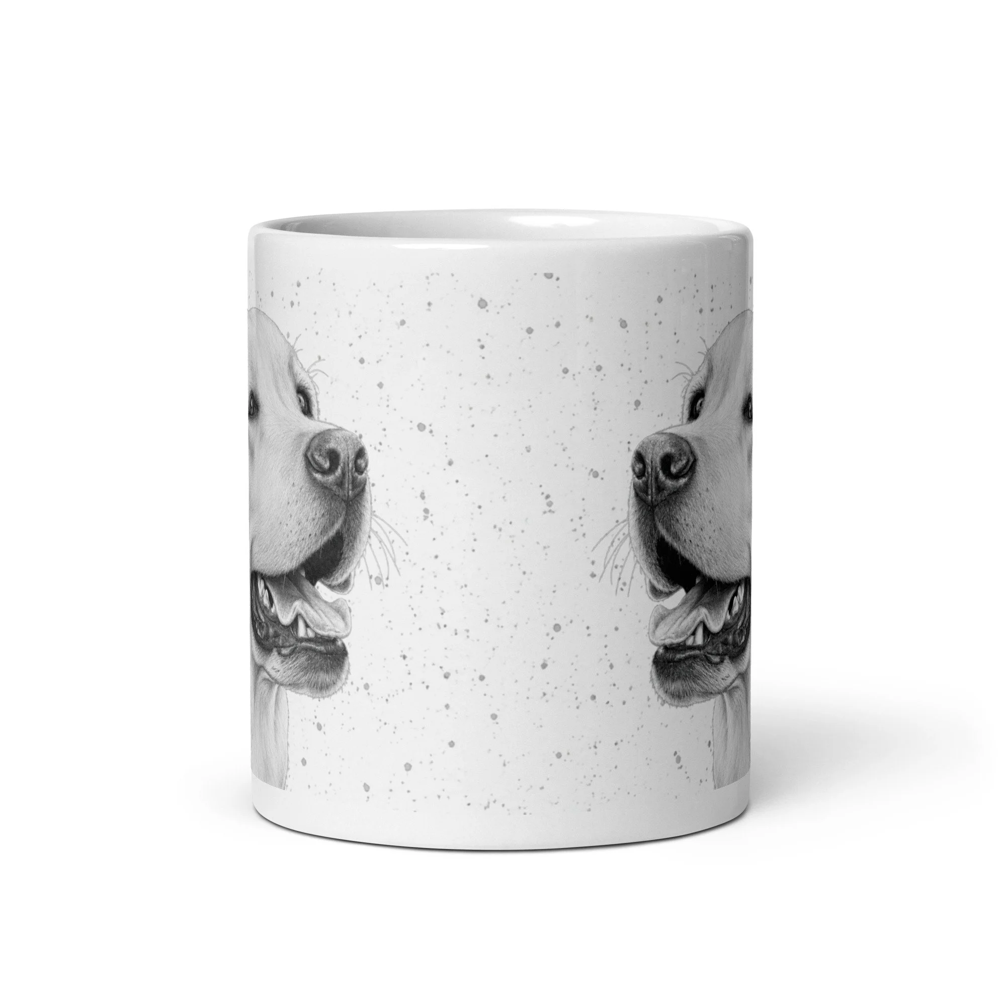 11oz ceramic coffee mug displaying a detailed Labrador illustration by Matthew Lloyd on a modern grey speckled background.