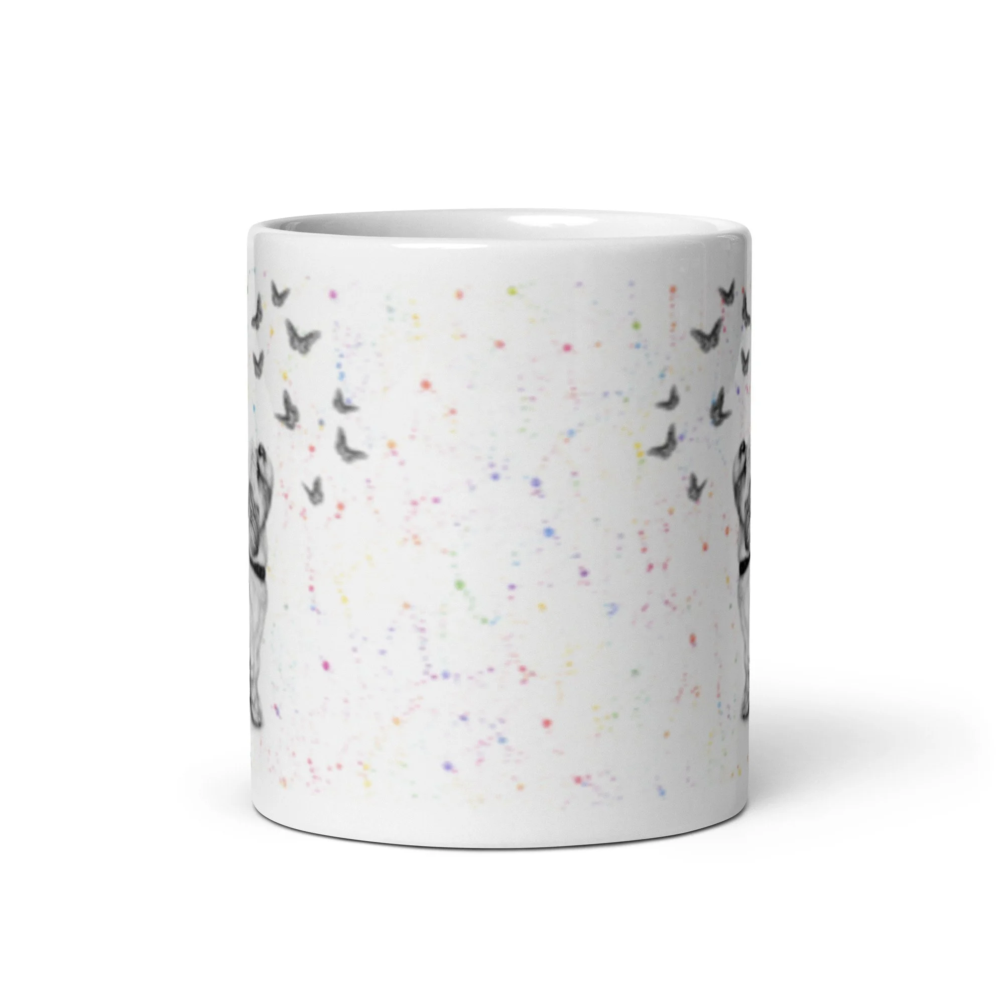 Glossy ceramic Shih Tzu Butterfly mug with original artwork by UK artist Matthew Lloyd and an artistic colour fleck design.