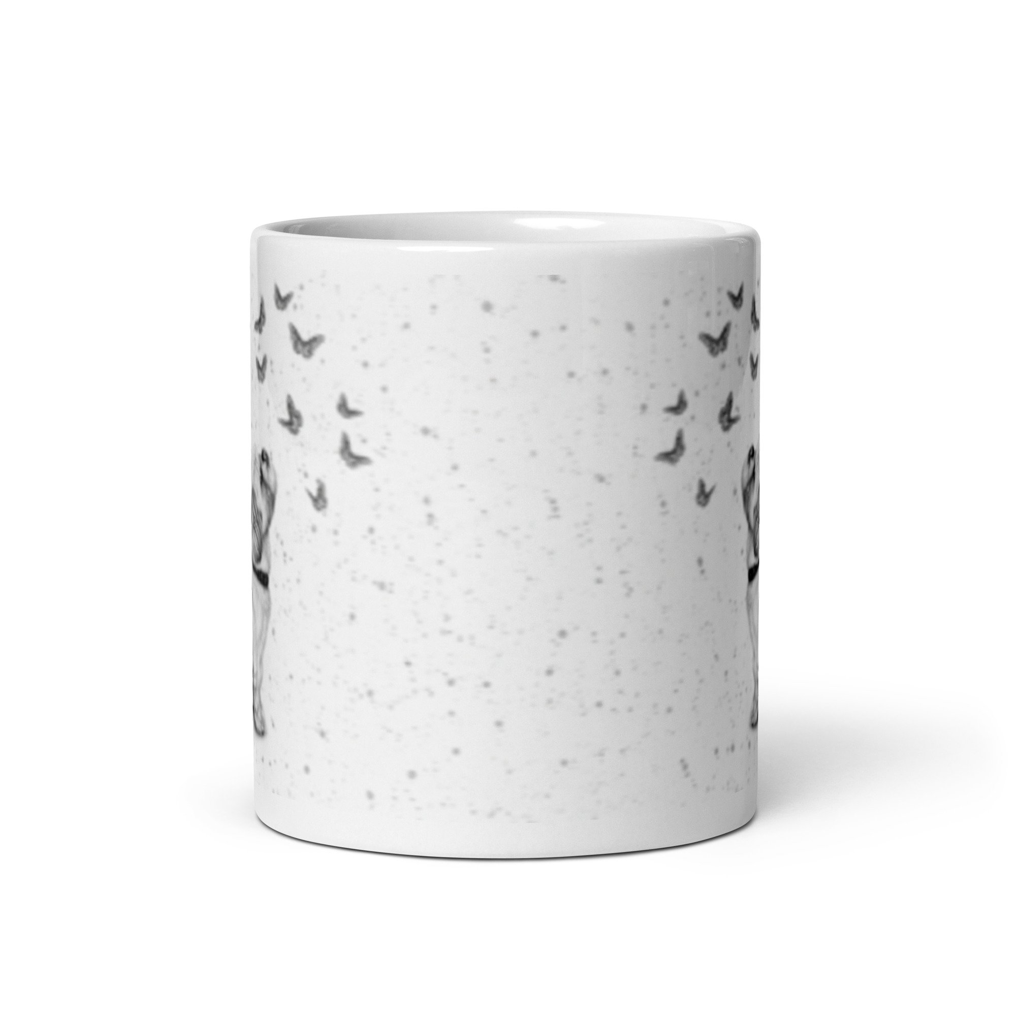 Premium ceramic mug displaying a Shih Tzu portrait with butterflies on a subtle grey fleck background by UK artist Matthew Lloyd.