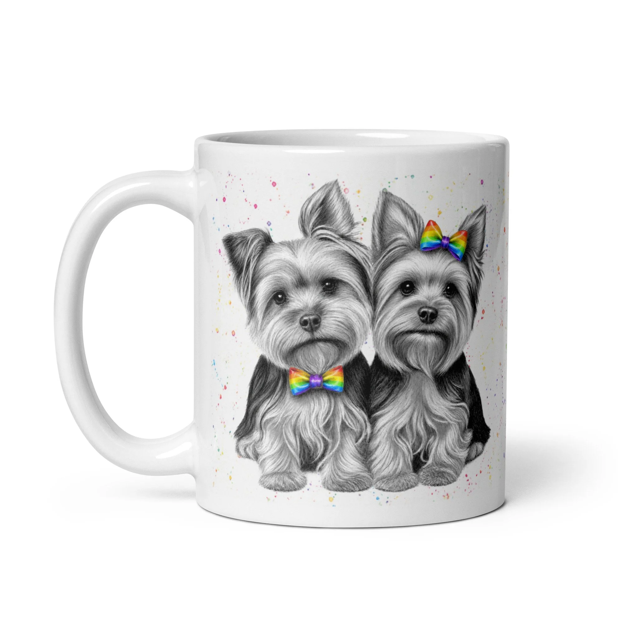 11oz glossy Yorkshire Terrier couple mug showcasing original artwork with vibrant rainbow bow accessories.