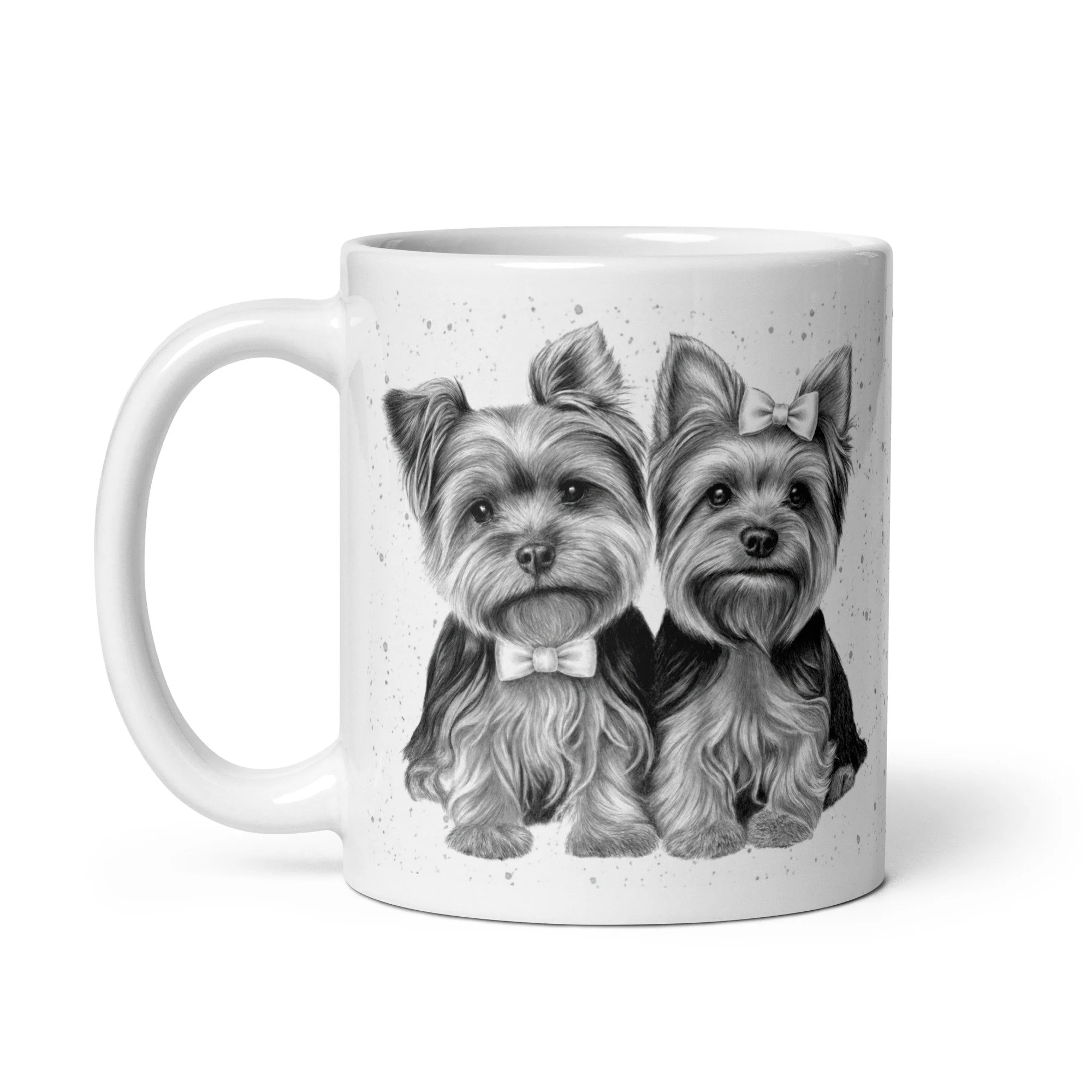 Glossy 11oz Yorkshire Terrier couple mug with original artwork showing a male and female Yorkie wearing elegant grey bows.